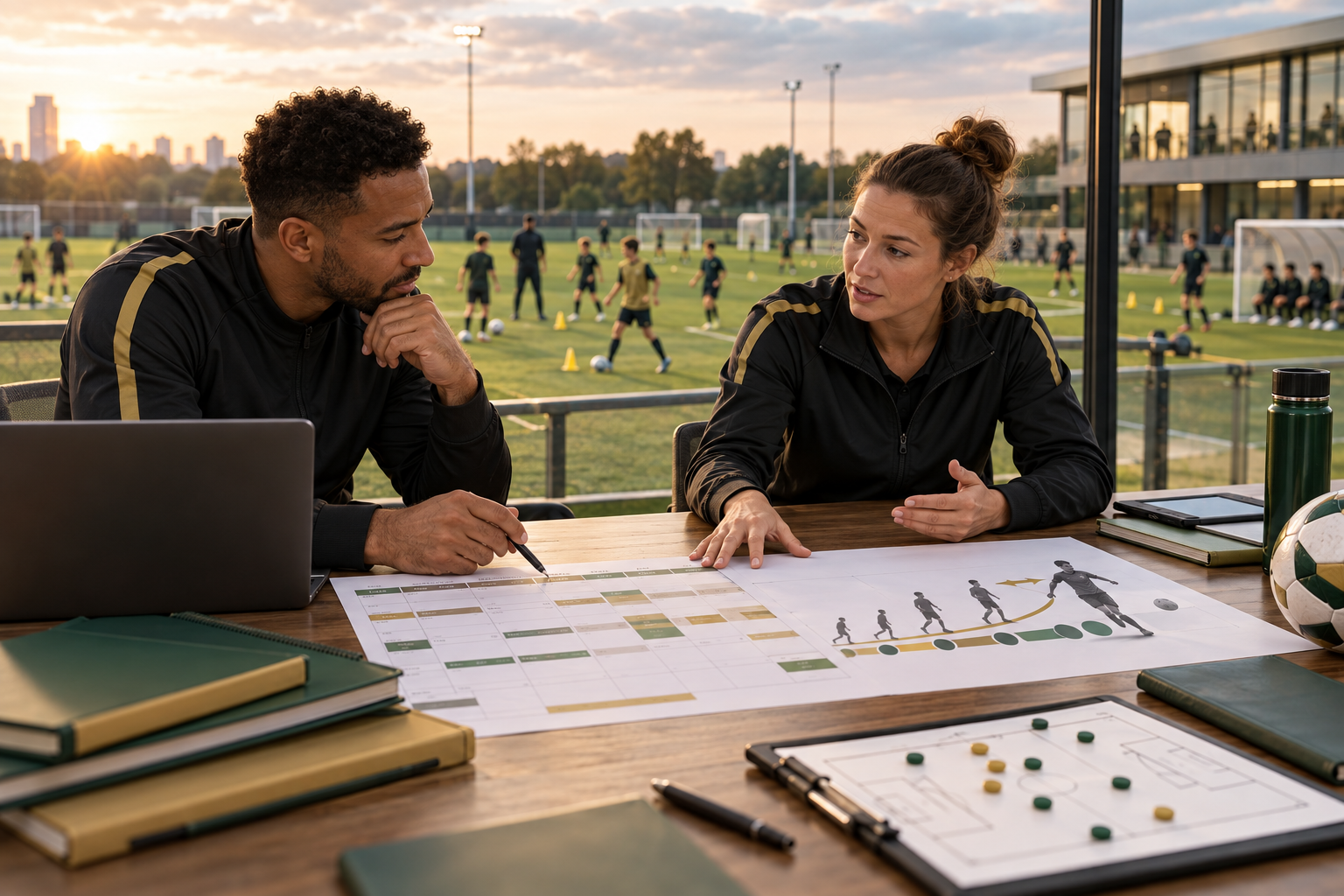 Academy leaders planning a player pathway overlooking youth football training